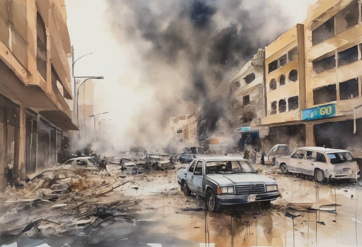 Watercolor painting based depiction of A car bomb exploded in a busy shopping district in Baghdad, Iraq, killing over 300 people and injuring hundreds more. The attack was claimed by the Islamic State of Iraq and the Levant (ISIL) and was one of the deadliest in Iraq since the 2003 invasion. (2016)