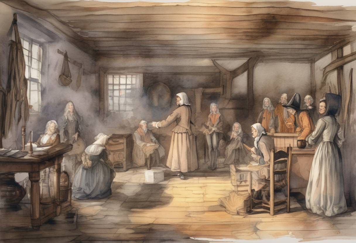 Watercolor painting based depiction of The first warrants are issued in the Salem witch trials. (1692)