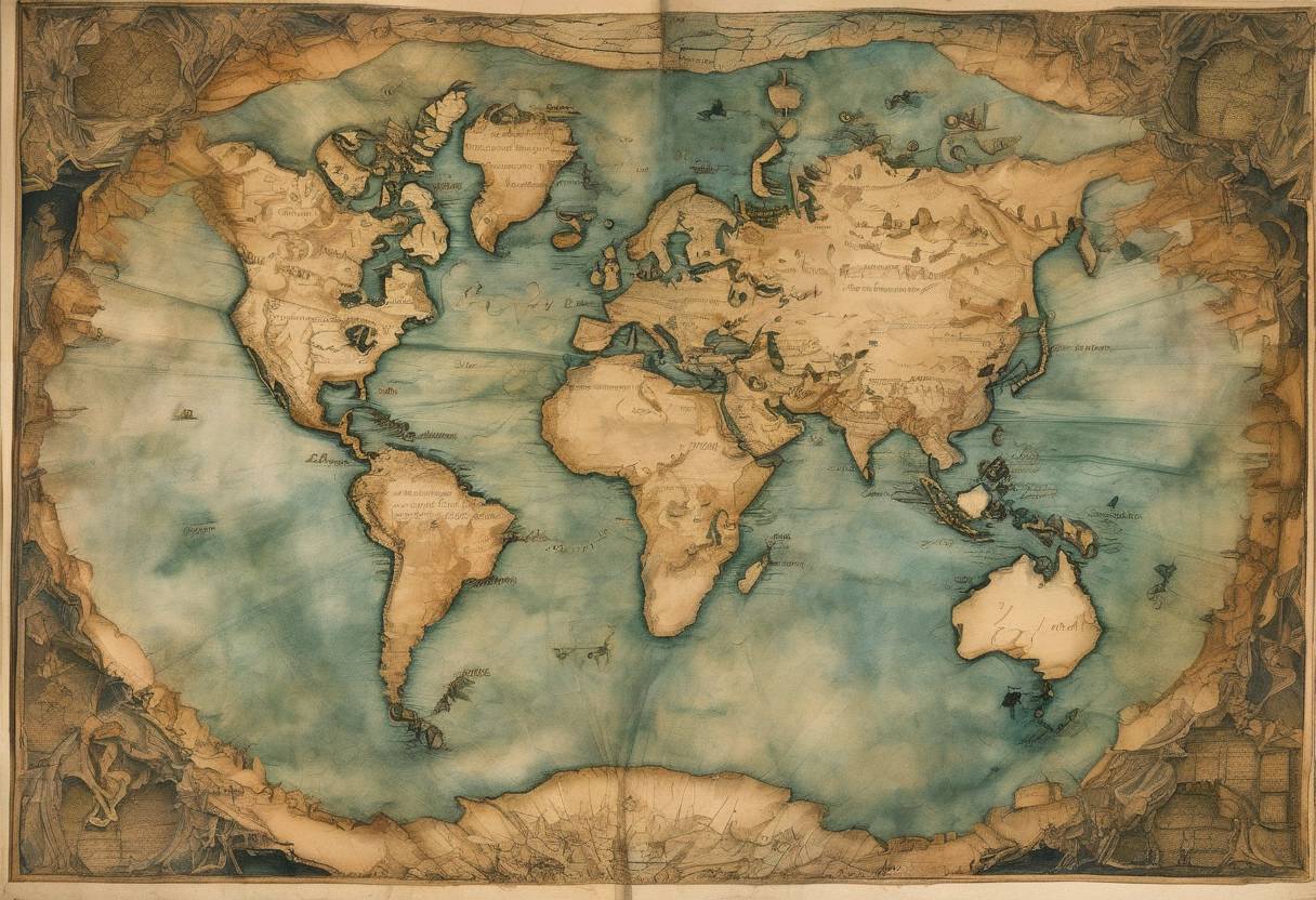 Watercolor painting based depiction of The world map produced by German cartographer Martin Waldseemüller was published, which was the first to use the name 'America' in honor of explorer Amerigo Vespucci. (1507)