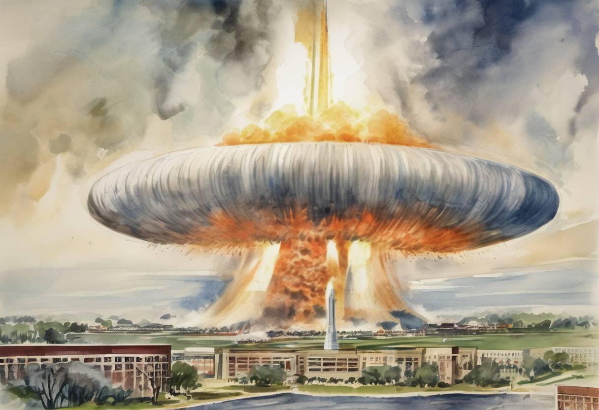 Watercolor painting based depiction of U.S. President Harry S. Truman announced the United States had developed a hydrogen bomb, escalating the nuclear arms race during the Cold War. (1953)