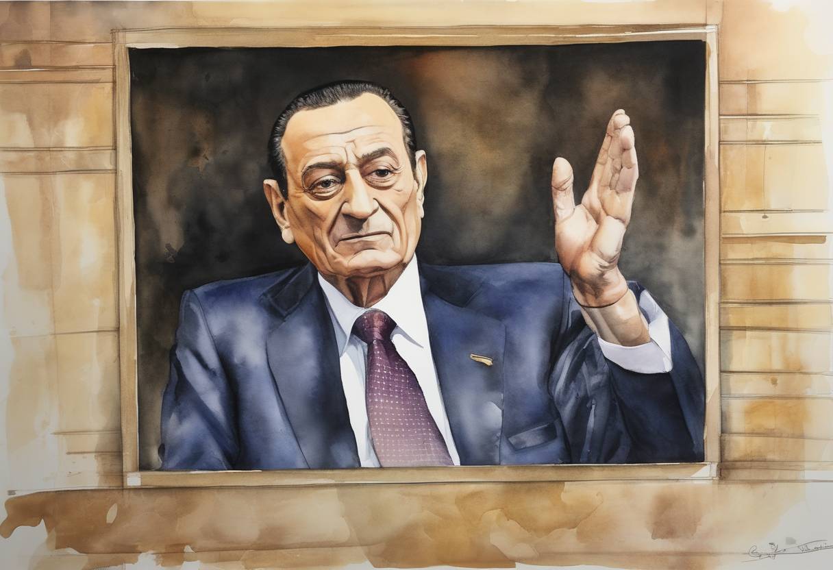 Watercolor painting based depiction of Former Egyptian President Hosni Mubarak was sentenced to life imprisonment for his role in the killing of protesters during the 2011 Egyptian revolution. (2012)