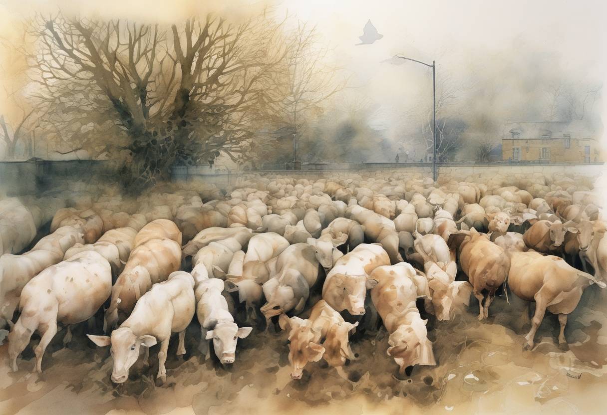 Watercolor painting based depiction of The United Kingdom's foot-and-mouth disease crisis worsened as the government announced the culling of thousands of animals to prevent the spread of the disease. (2001)