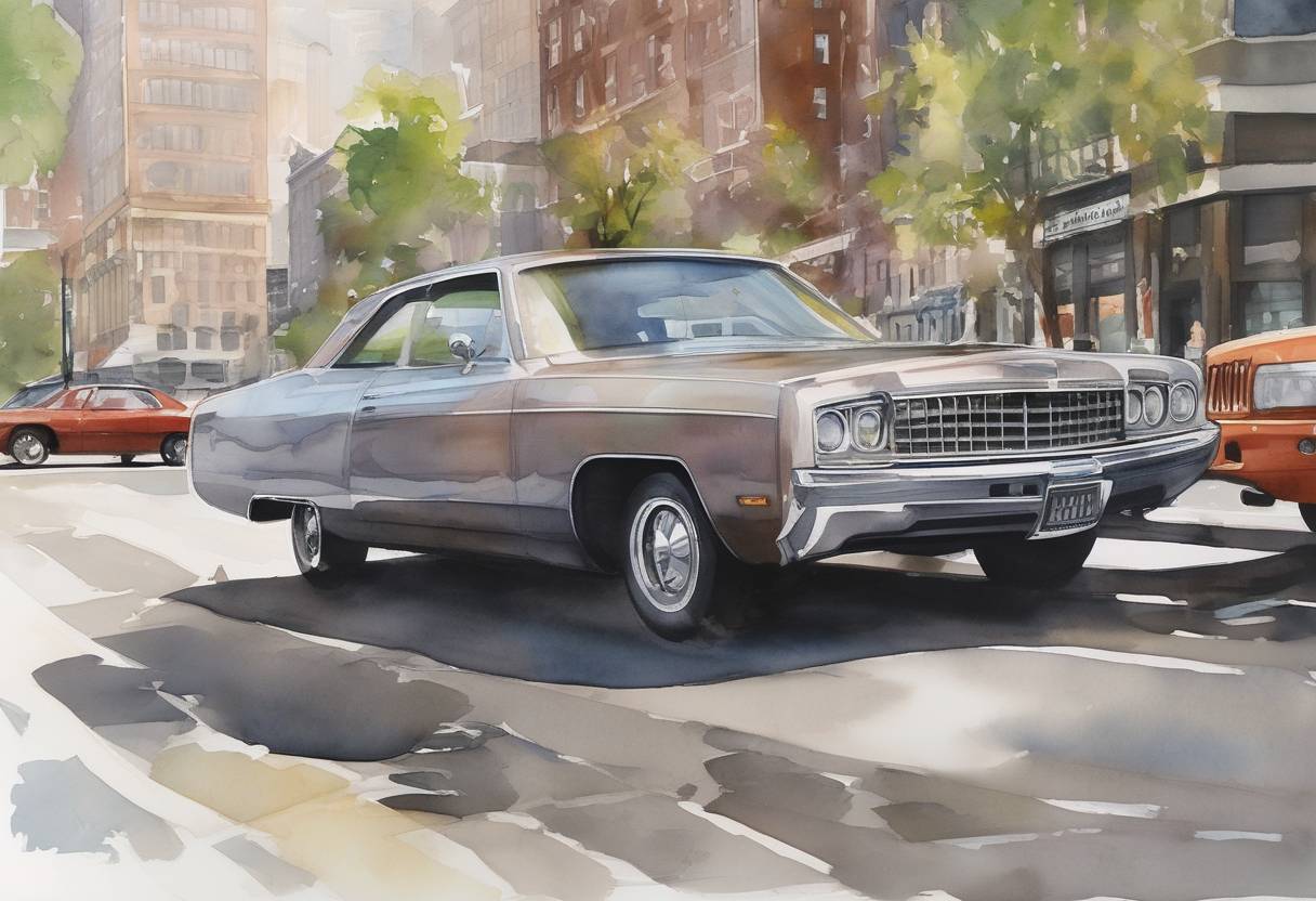 Watercolor painting based depiction of Chrysler LLC filed for Chapter 11 bankruptcy protection, marking one of the largest bankruptcies in U.S. manufacturing history. The company announced a plan to form an alliance with Italian automaker Fiat. (2009)