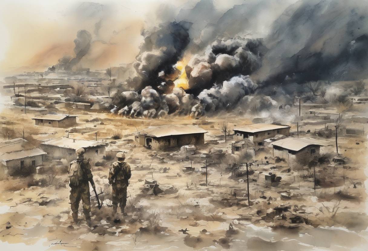 Watercolor painting based depiction of The Halabja chemical attack occurs during the Iran-Iraq War, where Iraqi forces use chemical weapons against the Kurdish town of Halabja, killing thousands of civilians. (1988)