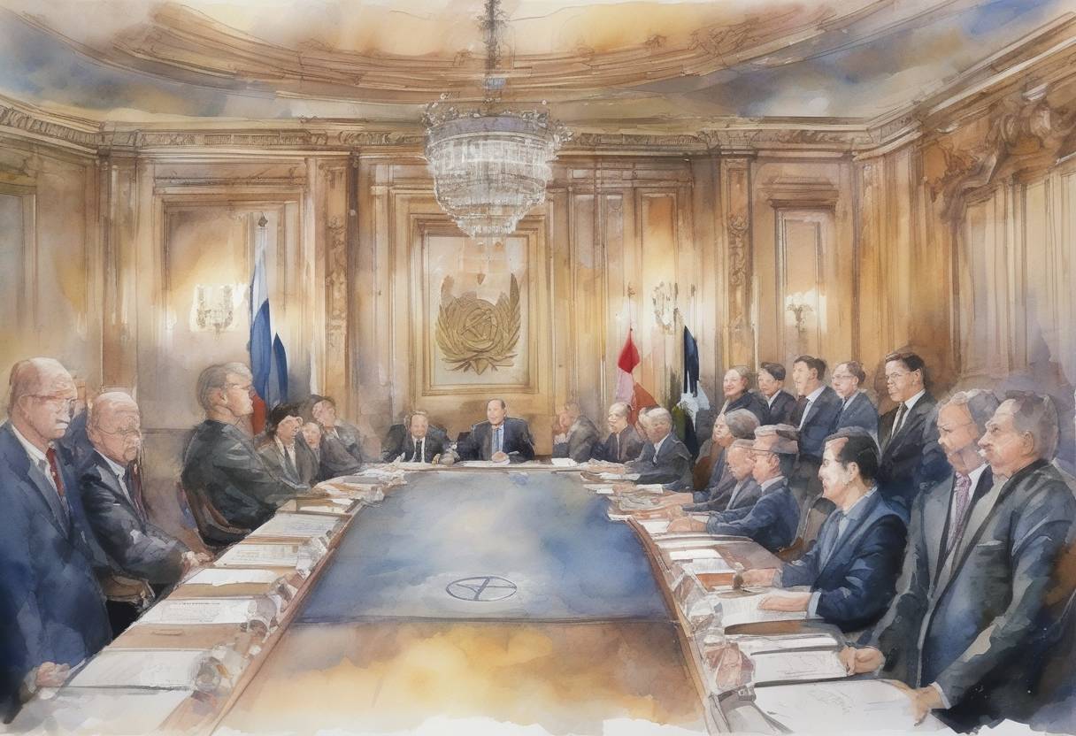 Watercolor painting based depiction of A historic nuclear disarmament agreement is signed in Paris by France, the United Kingdom, the United States, Russia, and China, the five permanent members of the United Nations Security Council. (1993)