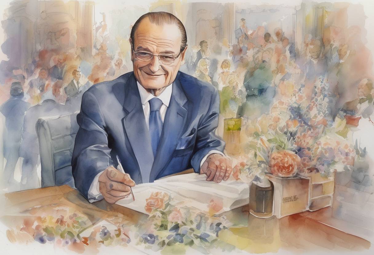 Watercolor painting based depiction of French President Jacques Chirac was re-elected for a second term, defeating far-right candidate Jean-Marie Le Pen in the presidential runoff election. (2002)