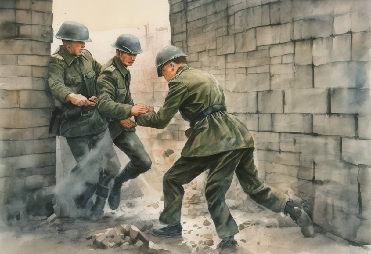 Watercolor painting based depiction of East German border guards kill Peter Fechter, an 18-year-old bricklayer, as he attempts to cross the Berlin Wall into West Berlin, sparking international outrage. (1962)
