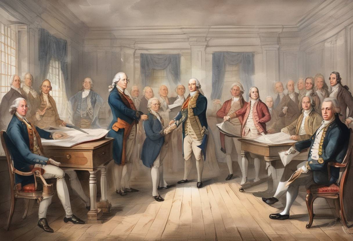Watercolor painting based depiction of The Virginia Declaration of Rights was adopted by the Virginia Convention, serving as a model for the United States Bill of Rights. (1776)