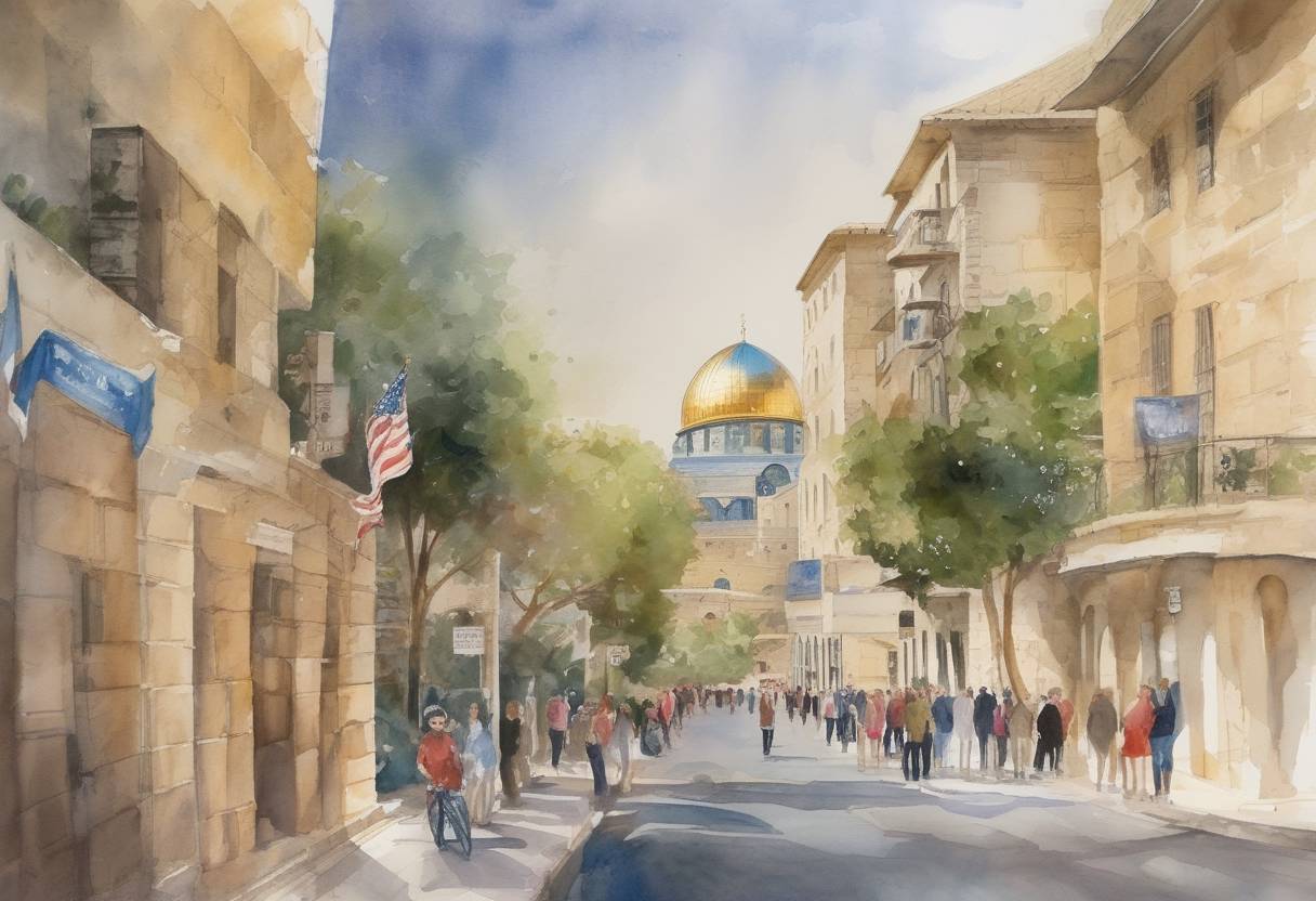 Watercolor painting based depiction of The United States officially opened its embassy in Jerusalem, recognizing the city as the capital of Israel, a move that sparked widespread protests and international criticism. (2018)