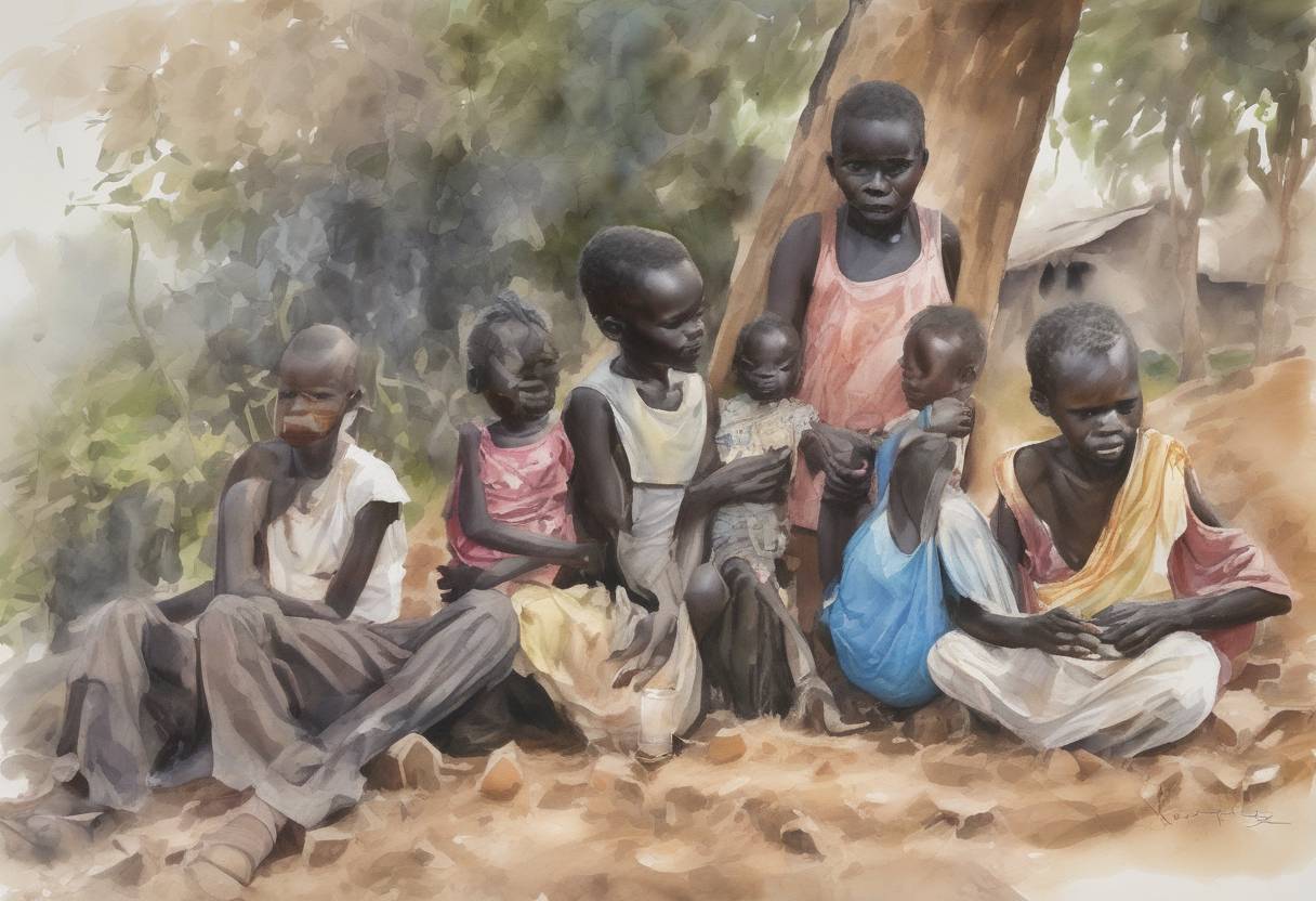 Watercolor painting based depiction of The United Nations declared the famine in parts of South Sudan, affecting over 100,000 people and putting millions more at risk of starvation. (2017)
