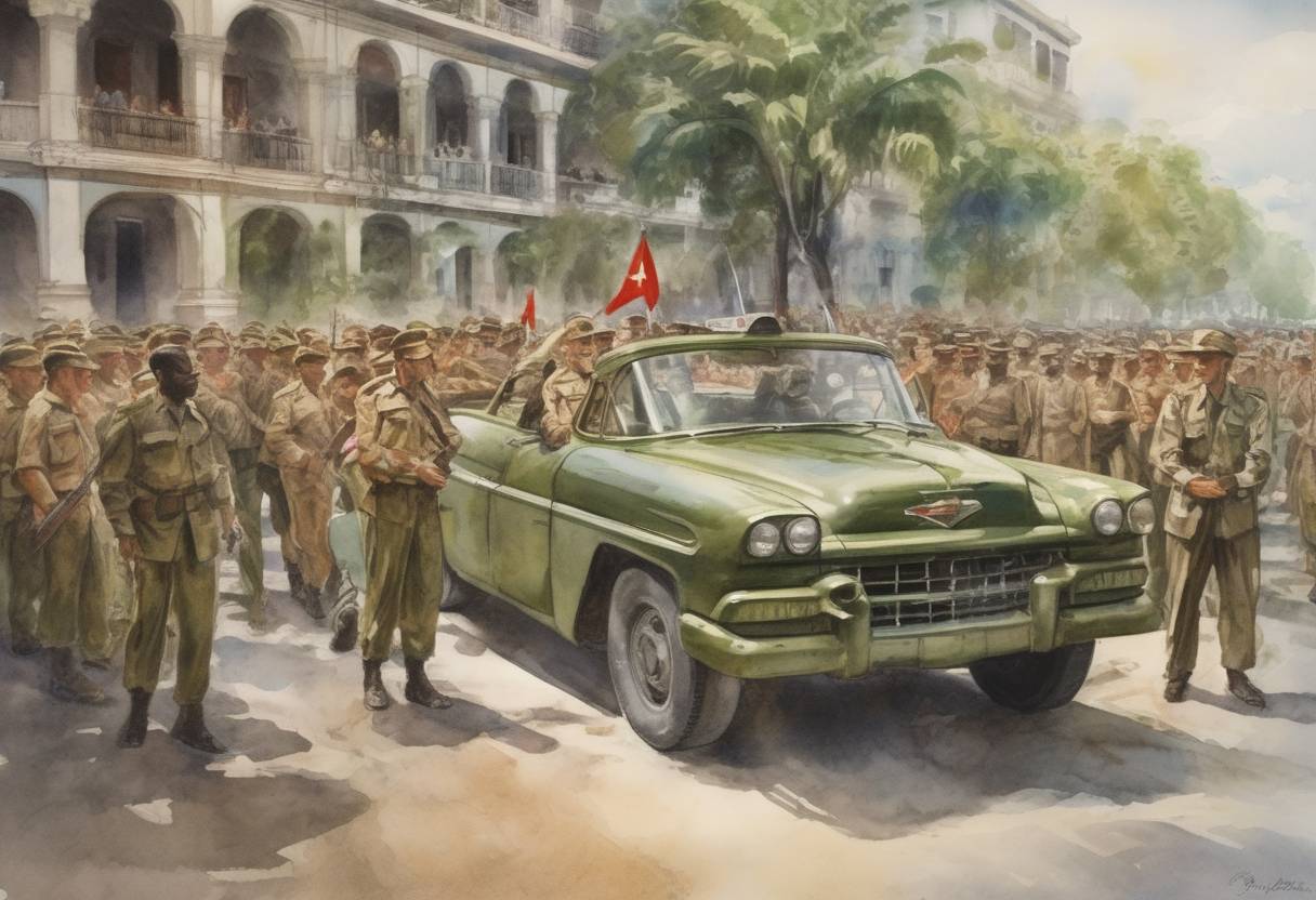 Watercolor painting based depiction of Fidel Castro's forces overthrow the government of Cuban dictator Fulgencio Batista, marking the beginning of Castro's rule in Cuba. (1959)