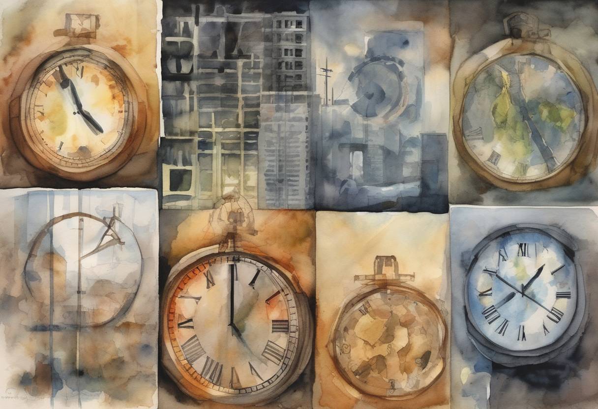 Watercolor painting based depiction of The Doomsday Clock is set to five minutes to midnight due to concerns over nuclear proliferation and climate change. (2007)