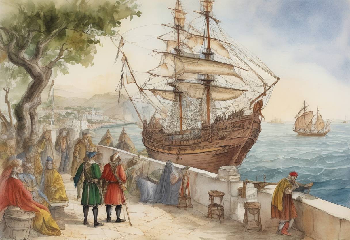Watercolor painting based depiction of Vasco da Gama sets sail from Lisbon, Portugal, on his second voyage to India, further establishing the sea route around the Cape of Good Hope. (1502)