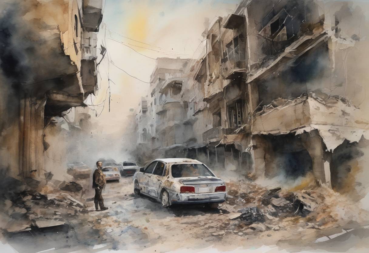 Watercolor painting based depiction of Syrian Civil War: A bombing in Damascus killed several high-ranking Syrian government officials, including the defense minister, marking a significant escalation in the conflict. (2012)