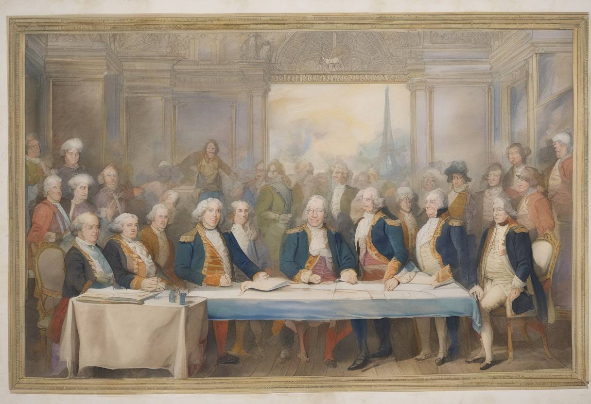 Watercolor painting based depiction of The Treaty of Paris was signed, ending the Anglo-French War (1294–1303). It restored peace between England and France, with England relinquishing claims to certain territories in exchange for the return of Gascony. (1303)