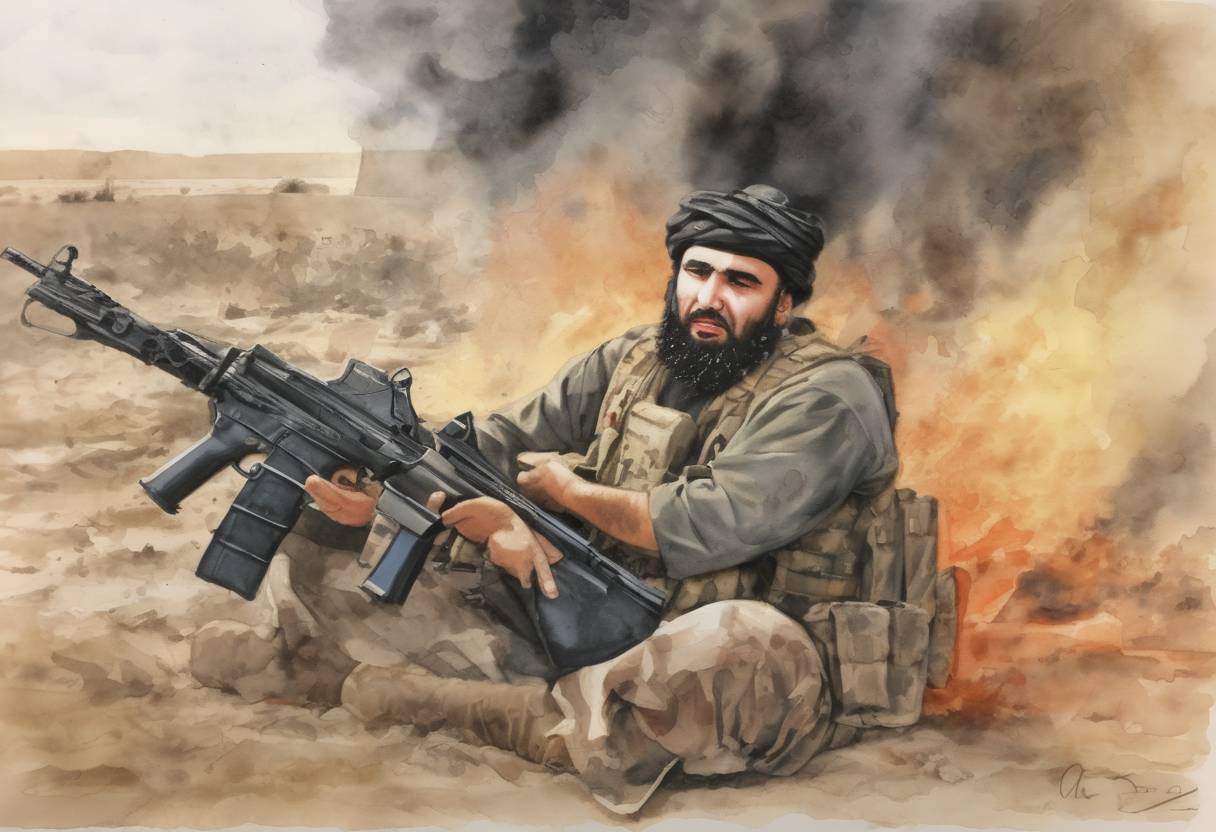 Watercolor painting based depiction of Abu Musab al-Zarqawi, the leader of Al-Qaeda in Iraq, is killed in a U.S. airstrike north of Baghdad. (2006)