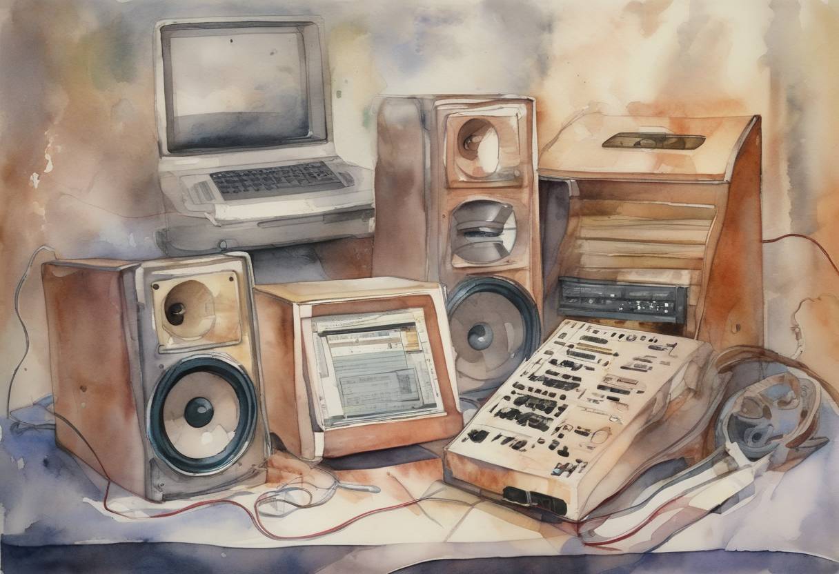 Watercolor painting based depiction of The first version of the MP3 file format was released, revolutionizing the way music was distributed and consumed. (1995)