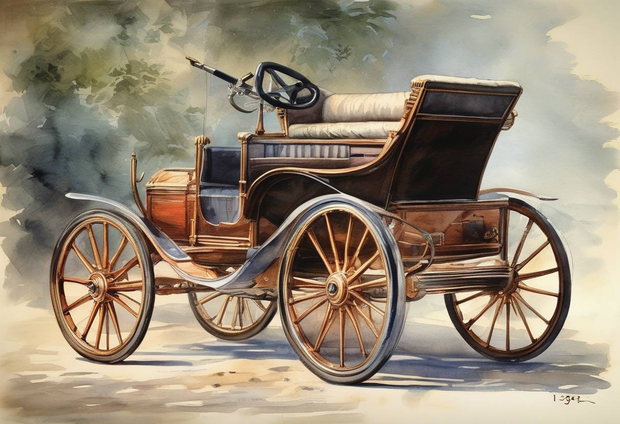 Watercolor painting based depiction of Karl Benz patented the first successful gasoline-driven automobile, the Benz Patent-Motorwagen. (1886)