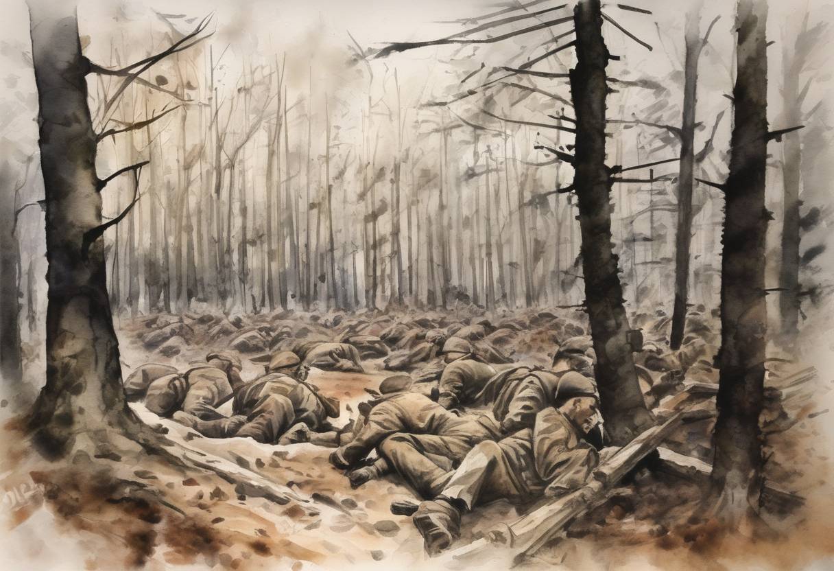 Watercolor painting based depiction of The discovery of the Katyn massacre was announced by Nazi Germany, revealing the mass graves of Polish officers killed by the Soviet Union during World War II. (1943)