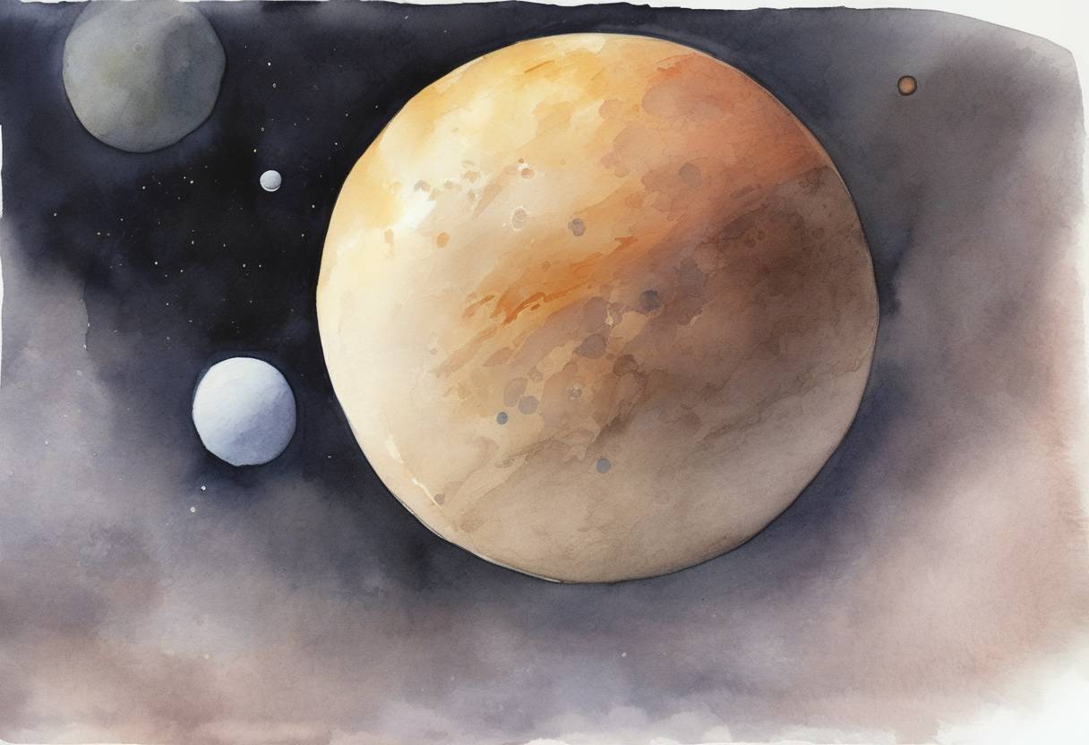 Watercolor painting based depiction of Astronomers announced the discovery of Eris, a dwarf planet in the scattered disc beyond Neptune, which led to the reclassification of Pluto as a dwarf planet. (2005)