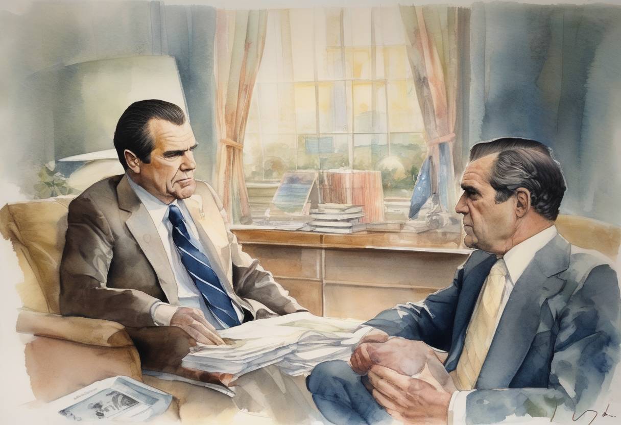 Watercolor painting based depiction of U.S. President Richard Nixon announced his resignation, effective the following day, due to the Watergate scandal, becoming the first U.S. president to resign from office. (1974)