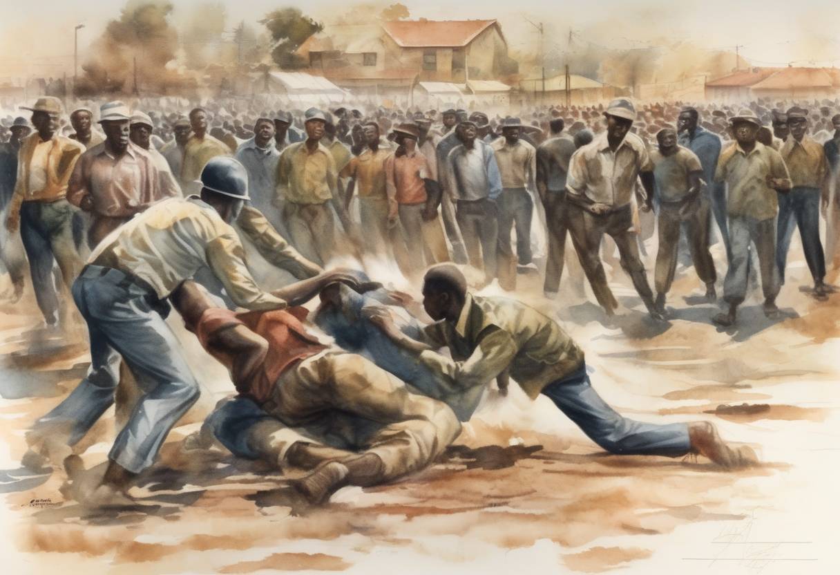 Watercolor painting based depiction of The Sharpeville massacre occurred in South Africa when police opened fire on a crowd of black protesters, killing 69 people. The protest was against the apartheid pass laws, and the event became a turning point in the struggle against apartheid. (1960)