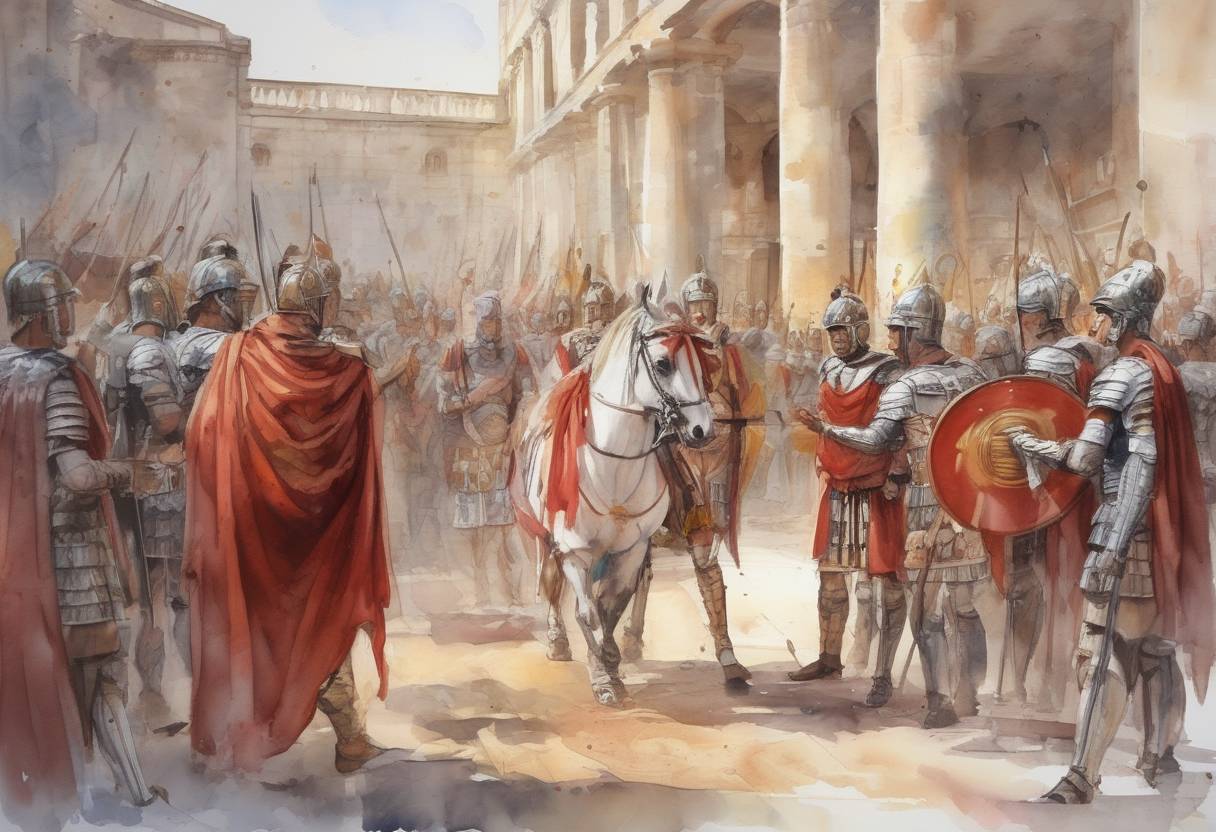 Watercolor painting based depiction of Constantine I was proclaimed Roman Emperor by his troops. (306)