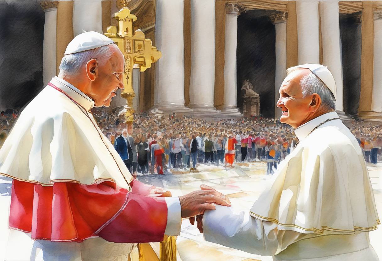 Watercolor painting based depiction of Pope John Paul II passed away at the age of 84, ending a papacy that began in 1978. He was the first non-Italian pope in 455 years and played a significant role in the fall of communism in Eastern Europe. (2005)