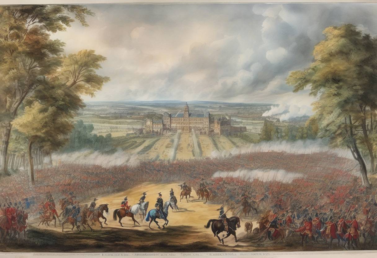 Watercolor painting based depiction of The Battle of Blenheim takes place during the War of the Spanish Succession, where the forces of the Grand Alliance, led by the Duke of Marlborough, defeat the French and Bavarian forces. (1704)