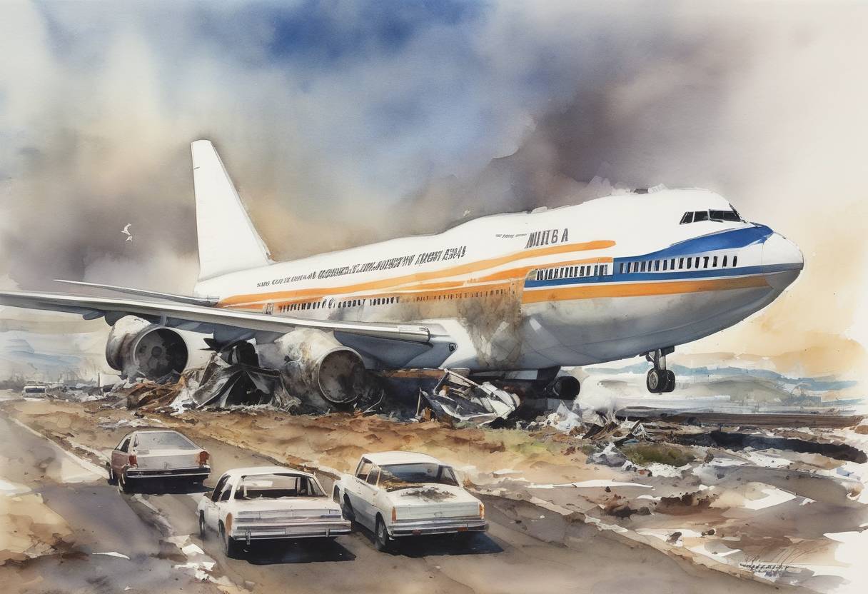 Watercolor painting based depiction of The Tenerife airport disaster occurred when two Boeing 747 jumbo jets collided on the runway, resulting in 583 fatalities, the deadliest aviation accident in history. (1977)