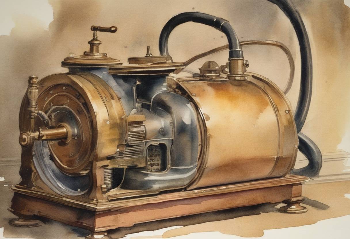 Watercolor painting based depiction of J.S. Thurman of the United States patented the motor driven vacuum cleaner. This was one of the early advances in household cleaning technology. (1899)