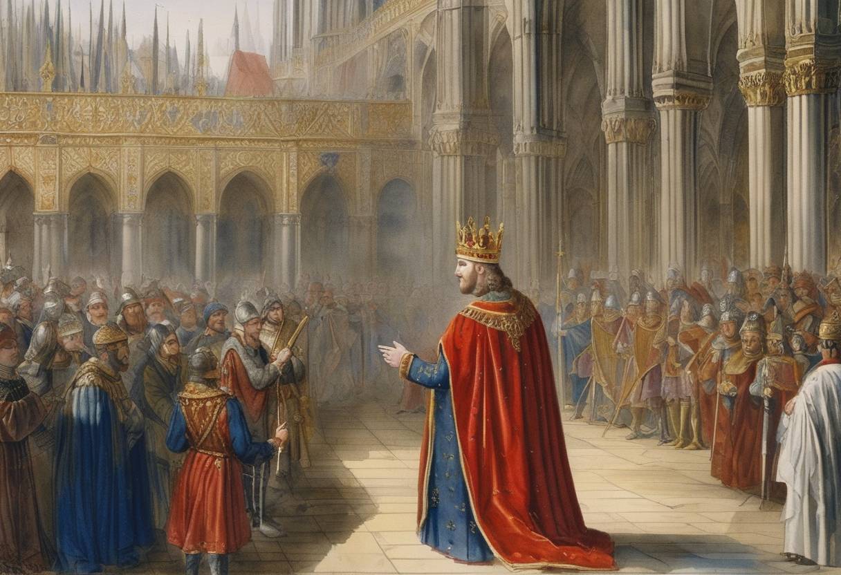 Watercolor painting based depiction of John II became King of France following the death of his father, Philip VI. Known as John the Good, he faced major challenges including the continued conflict of the Hundred Years' War. (1350)