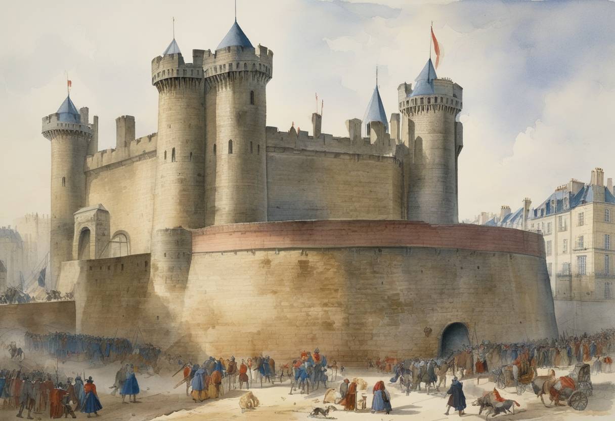 Watercolor painting based depiction of The construction of the Bastille began in Paris under the orders of Charles V of France. Initially conceived as a fortress to defend the eastern approach to the capital, it later became infamous as a state prison. (1370)