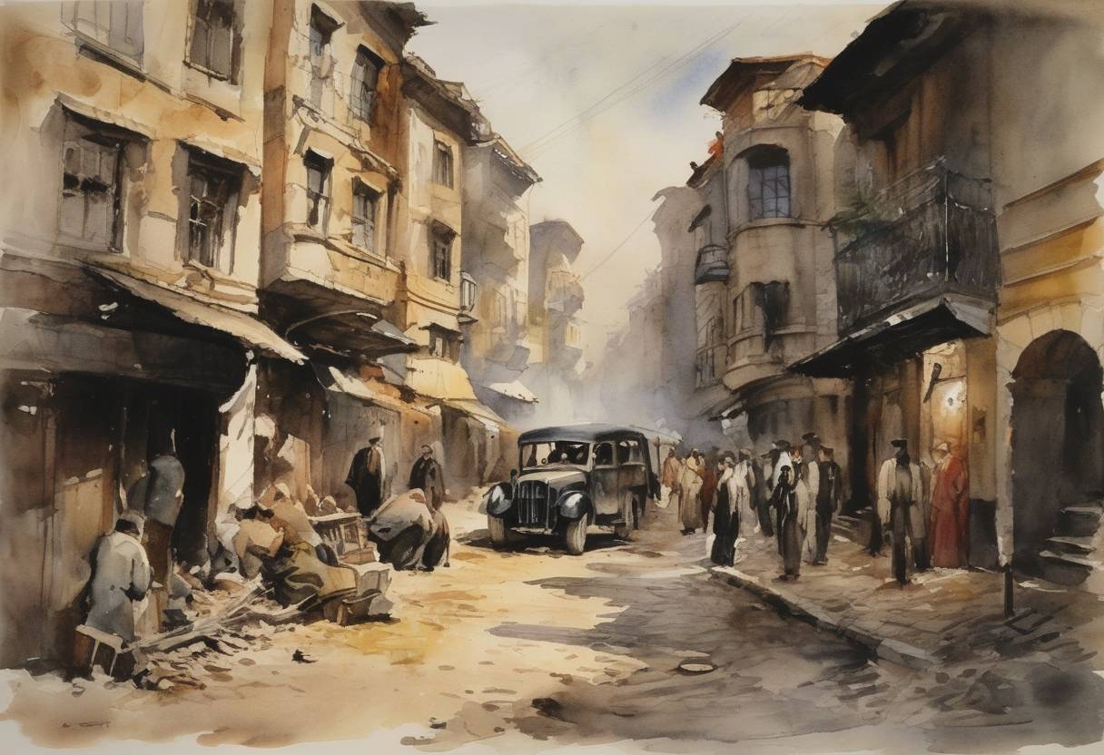 Watercolor painting based depiction of In Istanbul, Turkey, the first scenes of violence took place during a pogrom against Istanbul's Greek minority, known as the Istanbul Pogrom. (1946)