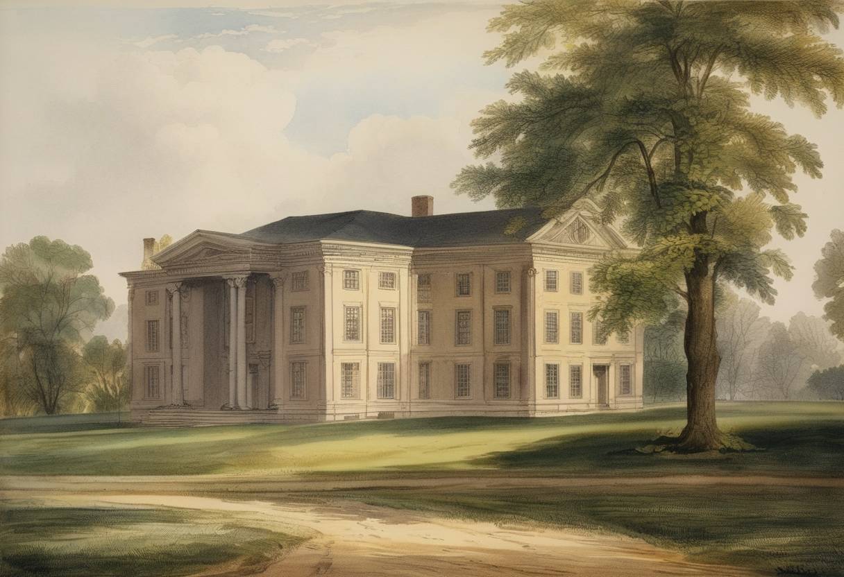 Watercolor painting based depiction of Oberlin College was founded by John Shipherd and Philo Stewart in northern Ohio. (1833)
