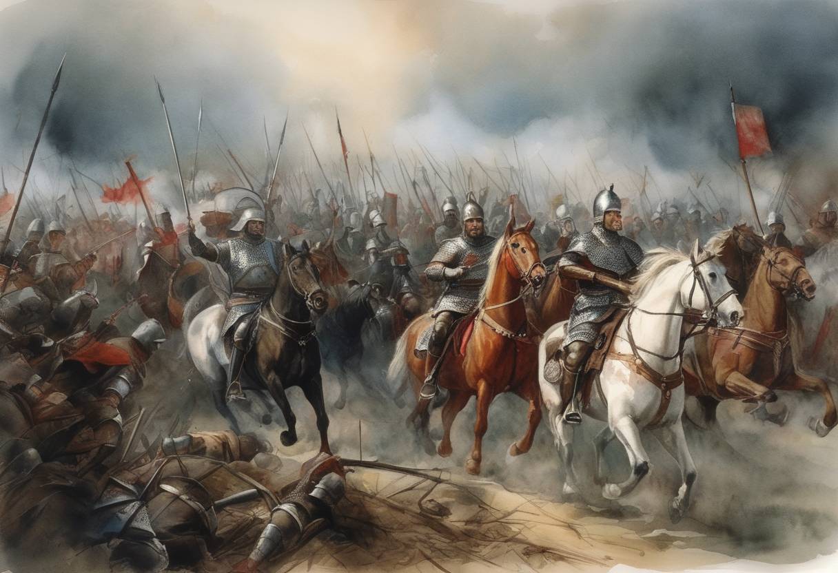 Watercolor painting based depiction of In the Battle of Płowce, Polish forces led by Władysław I the Elbow-high, King of Poland, clashed with the Teutonic Knights. Although the battle was difficult, it ended in a strategic victory for the Polish troops. (1331)