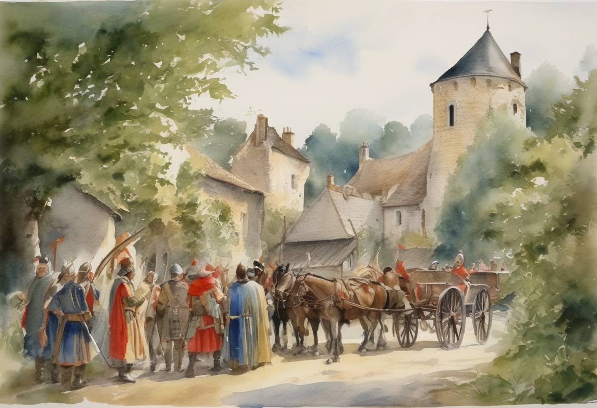 Watercolor painting based depiction of The Treaty of Saint-Clair-sur-Epte was ratified, granting land to the Viking leader Rollo and establishing the beginnings of the Duchy of Normandy. (911)