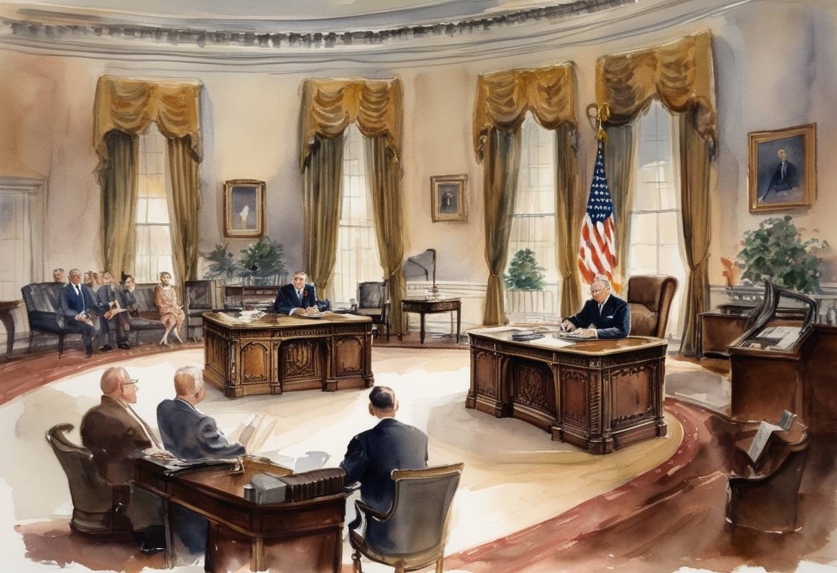 Watercolor painting based depiction of President Harry S. Truman holds the first televised Oval Office address, emphasizing the need to prevent food shortages in Europe. (1947)