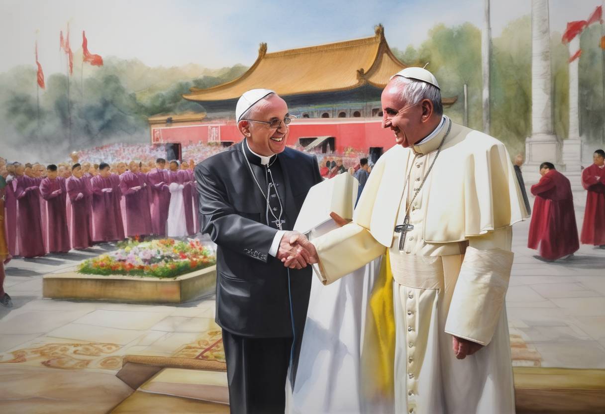 Watercolor painting based depiction of China and the Vatican signed a historic agreement on the appointment of bishops, a move aimed at improving relations between the two entities. (2018)