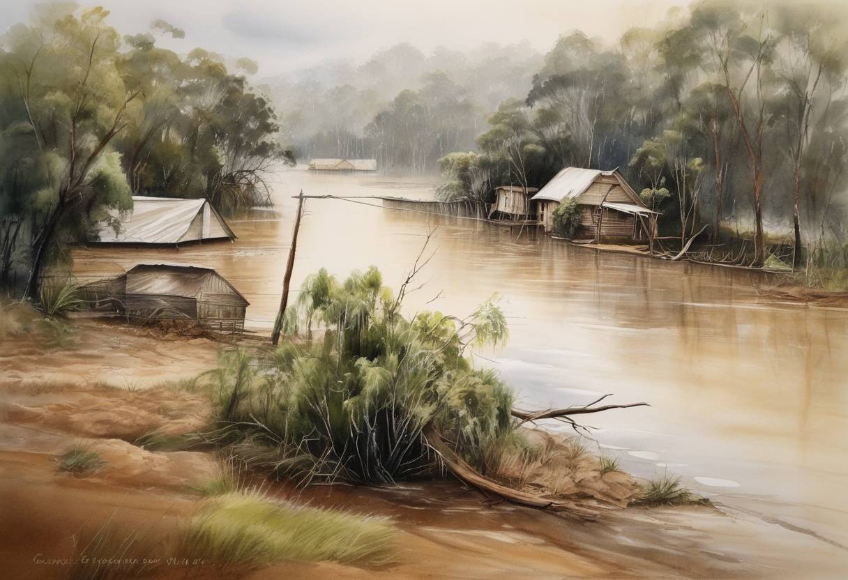 Watercolor painting based depiction of Historic Queensland floods in Australia led to the evacuation of towns and severe property damage as heavy rains caused rivers to overflow. (2009)