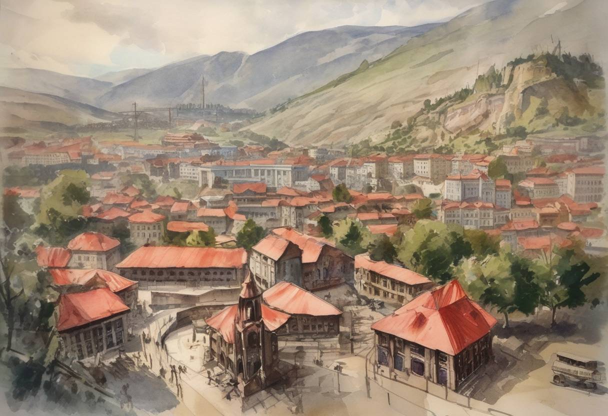 Watercolor painting based depiction of The Soviet Red Army occupied Tbilisi, the capital of the Democratic Republic of Georgia, effectively ending its independence and establishing a Soviet government. (1921)
