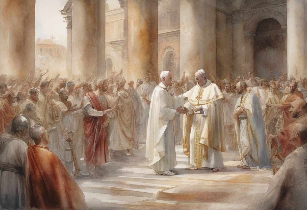 Watercolor painting based depiction of Pope Anterus is succeeded by Pope Fabian after his death, marking a significant transition in the early Christian Church. (236)