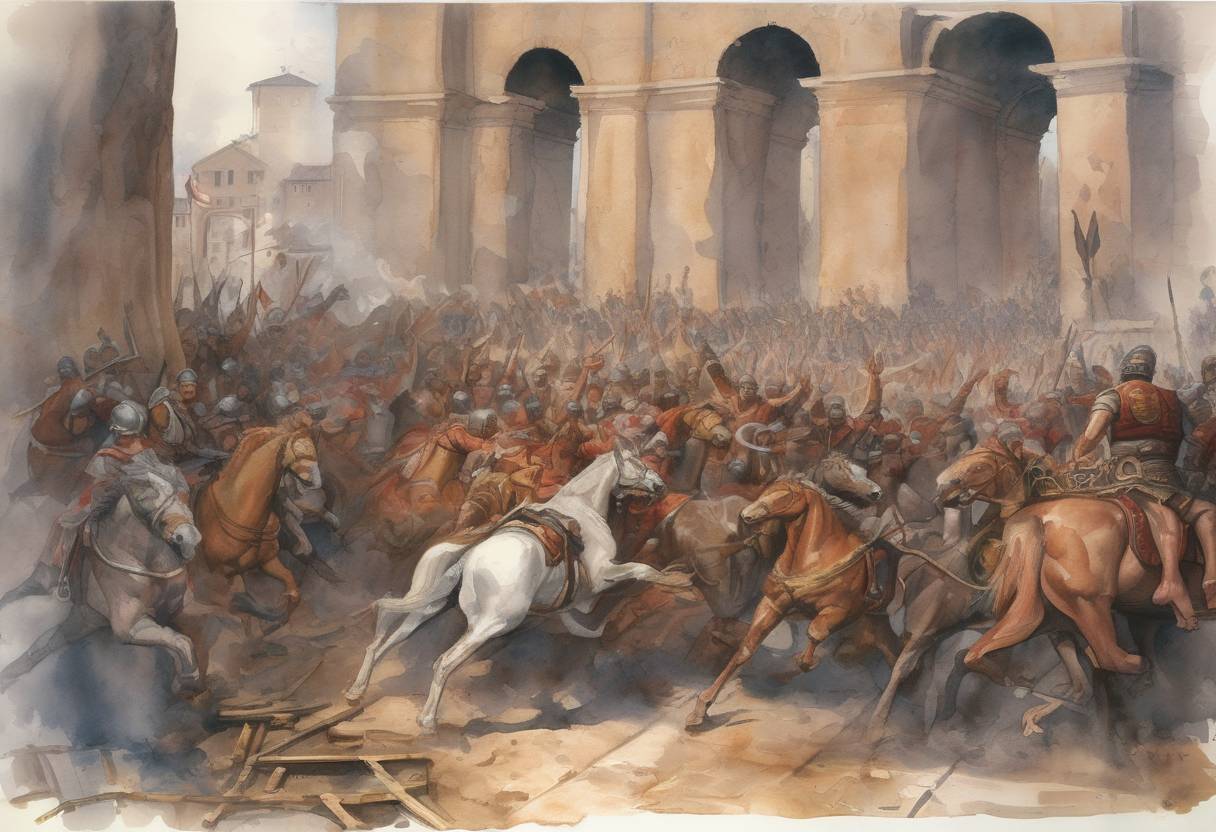 Watercolor painting based depiction of The Sack of Rome by the Vandals began. The Vandal King Genseric led his forces into the city, which was left defenseless after the assassination of Emperor Petronius Maximus. The Vandals looted Rome for two weeks, taking valuable treasures and captives. (455)