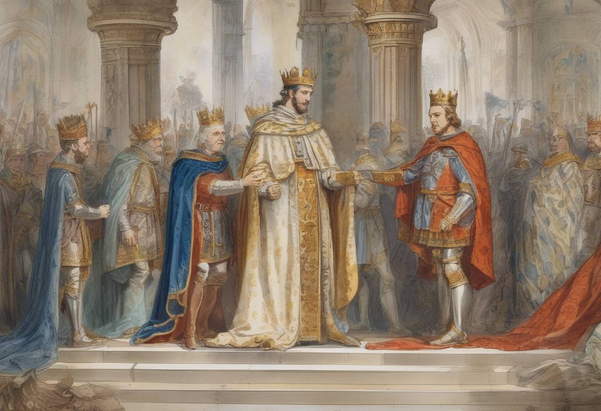 Watercolor painting based depiction of Louis III and Carloman II become joint kings of the Western Franks following the death of their father, Louis the Stammerer. (879)