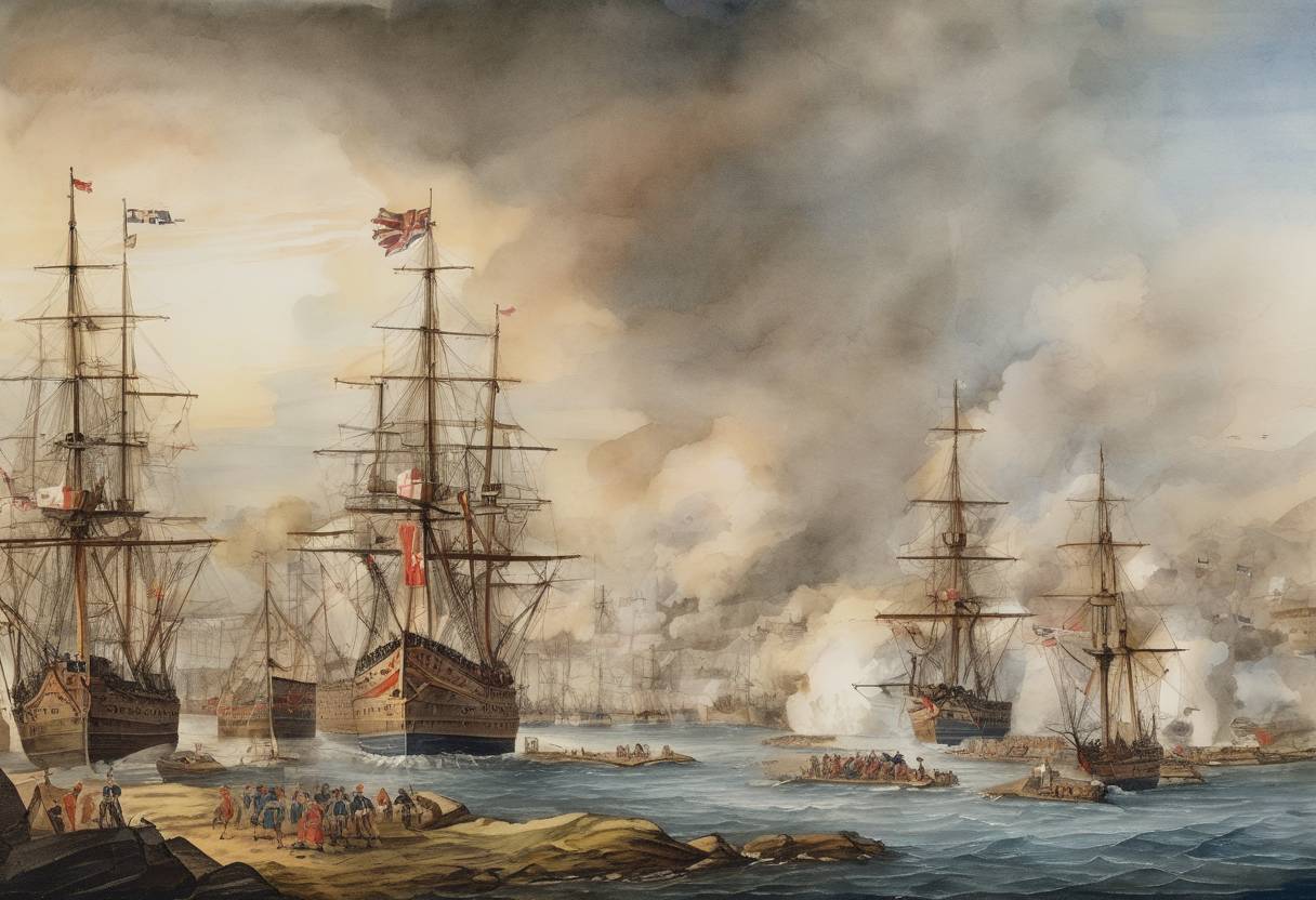 Watercolor painting based depiction of The Siege of Louisbourg ended with a British victory, which was a pivotal moment in the Seven Years' War, leading to British control over the French fortress. (1758)