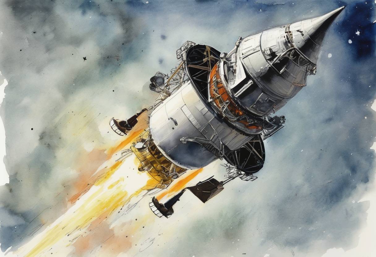 Watercolor painting based depiction of The Ranger 4 spacecraft, launched by NASA, crashes into the Moon, becoming the first U.S. spacecraft to reach another celestial body. (1962)