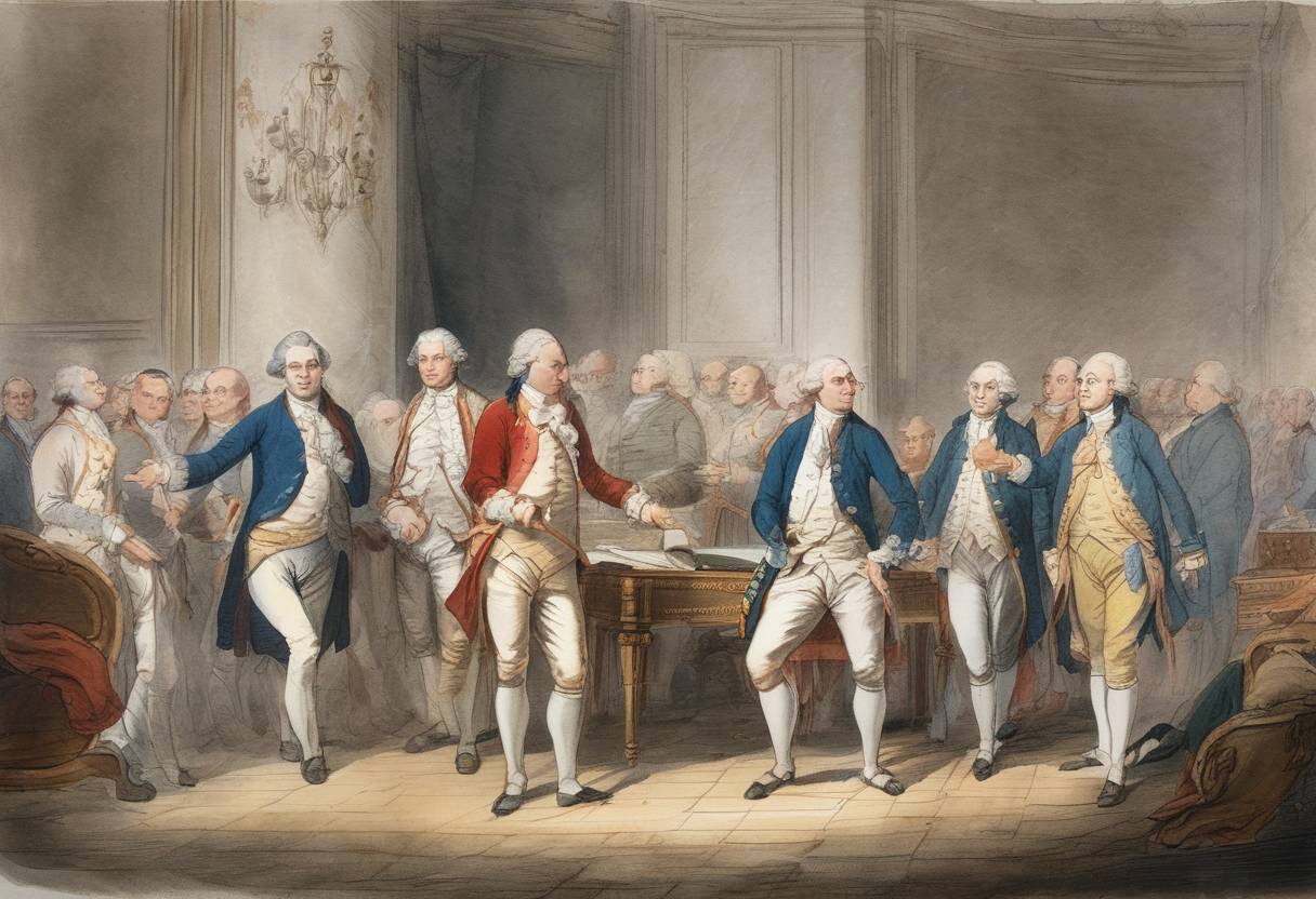 Watercolor painting based depiction of Jacques Necker, the finance minister of France, was dismissed by King Louis XVI, an event that escalated tensions leading to the French Revolution. (1789)