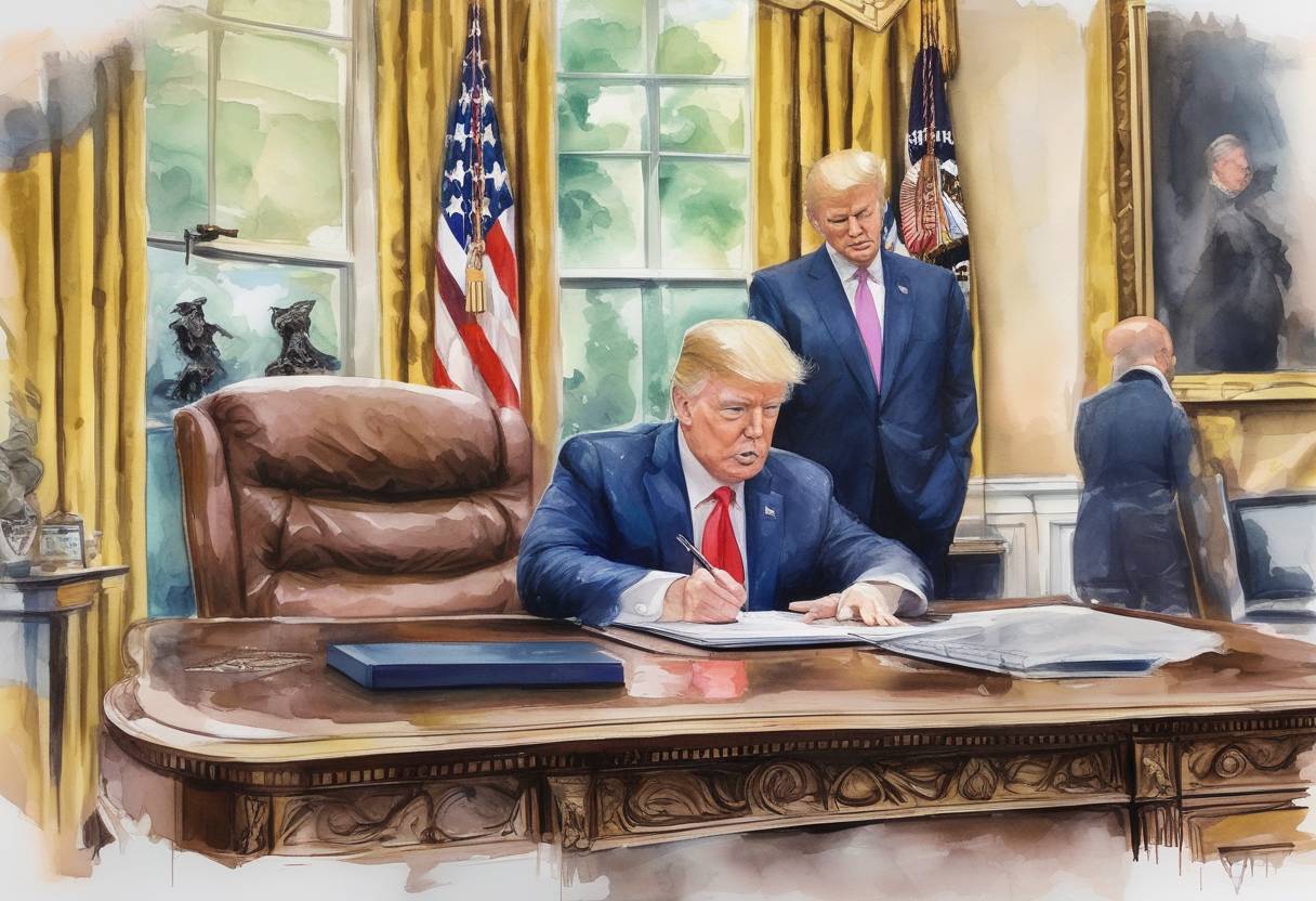 Watercolor painting based depiction of U.S. President Donald Trump signs a $1.3 trillion spending bill to keep the government open, despite earlier threats to veto it. (2018)