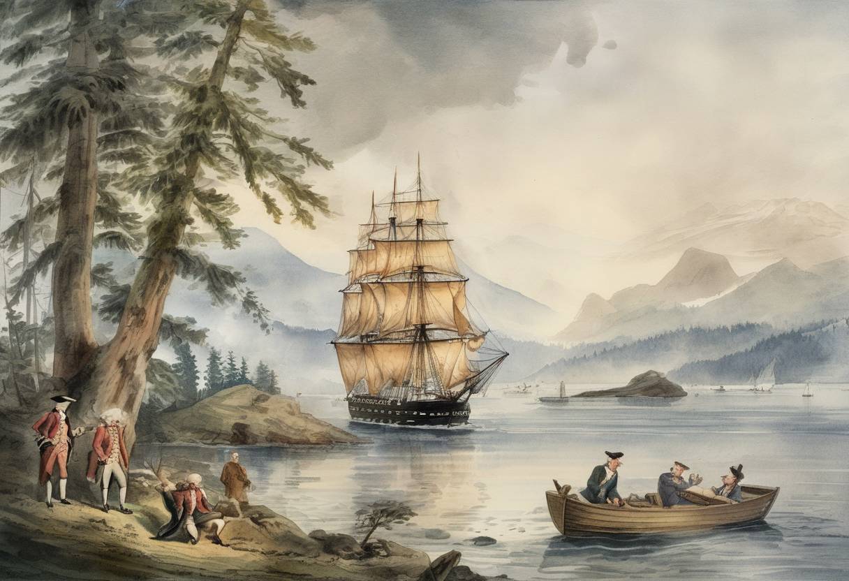 Watercolor painting based depiction of Captain George Vancouver claims Puget Sound for Great Britain during his exploration of the Pacific Northwest. (1792)