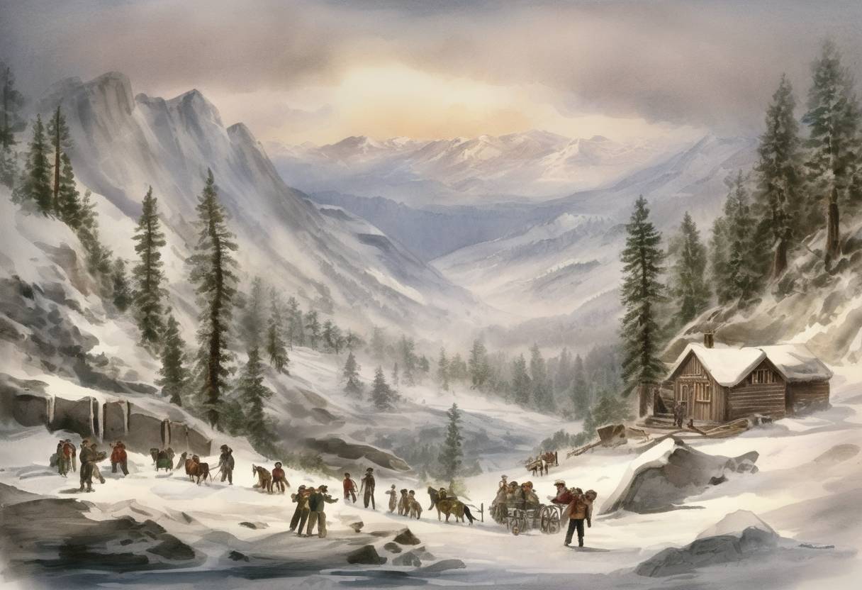 Watercolor painting based depiction of The first group of rescuers reached the surviving members of the Donner Party, a group of American pioneers who became snowbound in the Sierra Nevada during the winter of 1846–47. (1847)